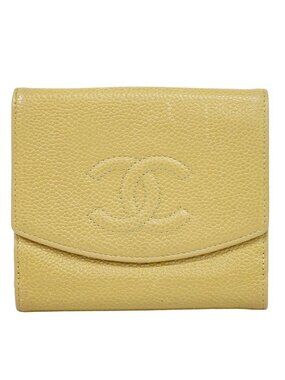 Chanel CC Logo Bifold Wallet Compact Caviar Leather Beige